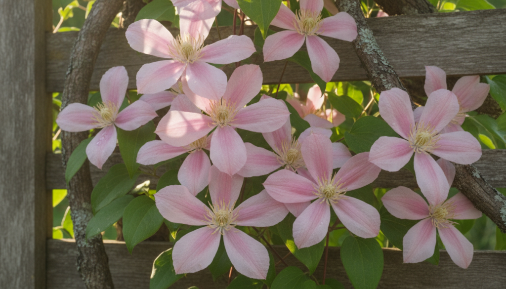 A vibrant close-up of pink clematis flowers in full bloom climbing a rustic wooden trellis The delicate petals and green