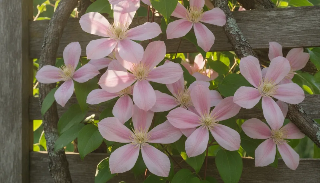 A vibrant close-up of pink clematis flowers in full bloom climbing a rustic wooden trellis The delicate petals and green