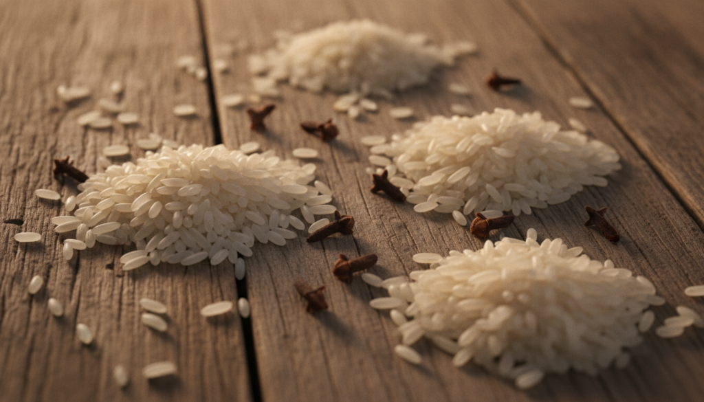 A beautifully arranged display of raw white rice grains and whole dried cloves on a natural surface highlighting the ind