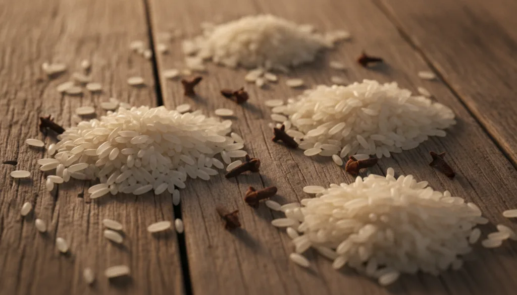 A beautifully arranged display of raw white rice grains and whole dried cloves on a natural surface highlighting the ind