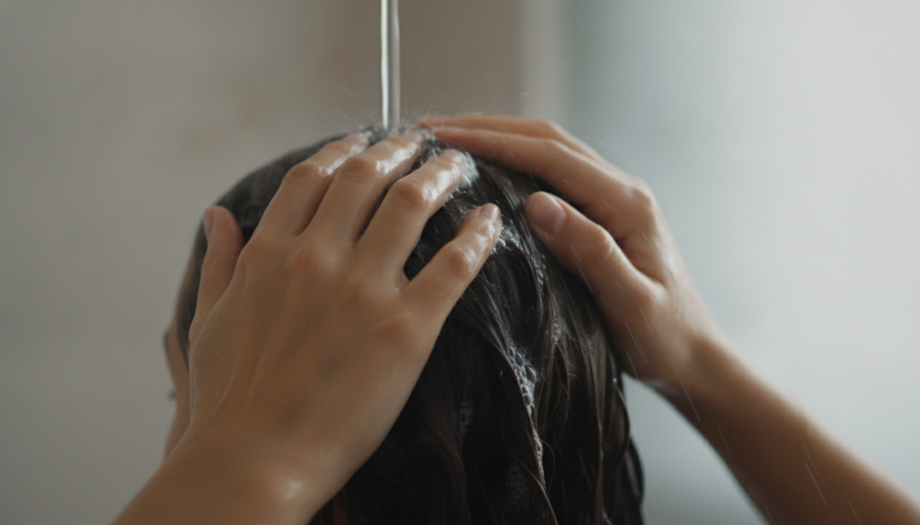 A close-up of a person s hands gently massaging the rice water and clove rinse into their scalp and hair after shampooin