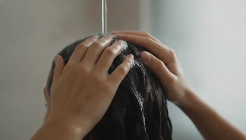 A close-up of a person s hands gently massaging the rice water and clove rinse into their scalp and hair after shampooin