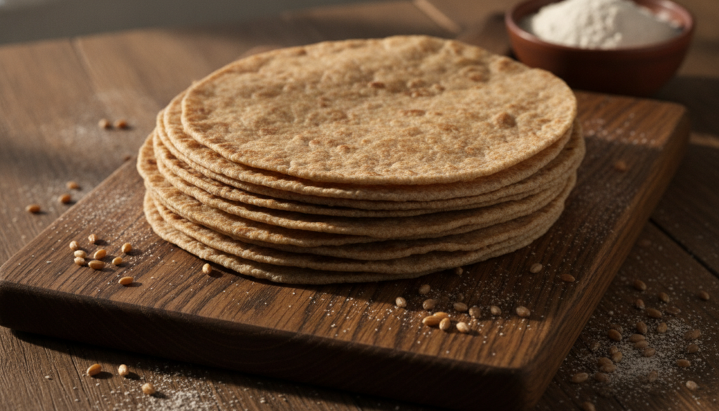 A stack of golden brown whole-wheat wrappers on a rustic cutting board with grains of wheat