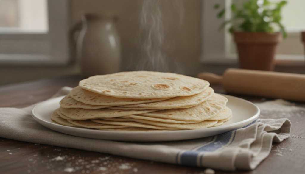 A pile of freshly made classic flour wrappers on a white plate with a kitchen towel