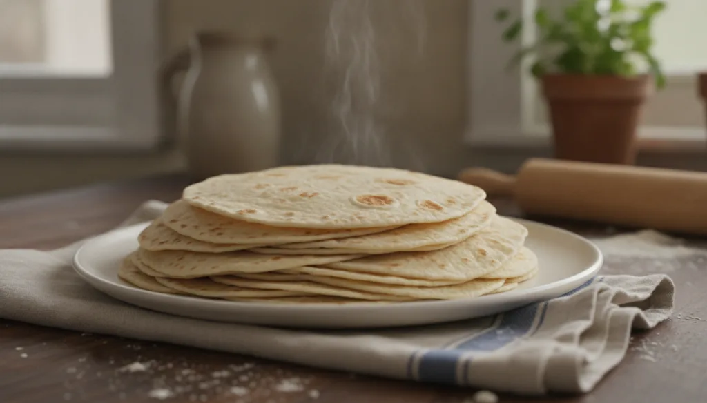 A pile of freshly made classic flour wrappers on a white plate with a kitchen towel