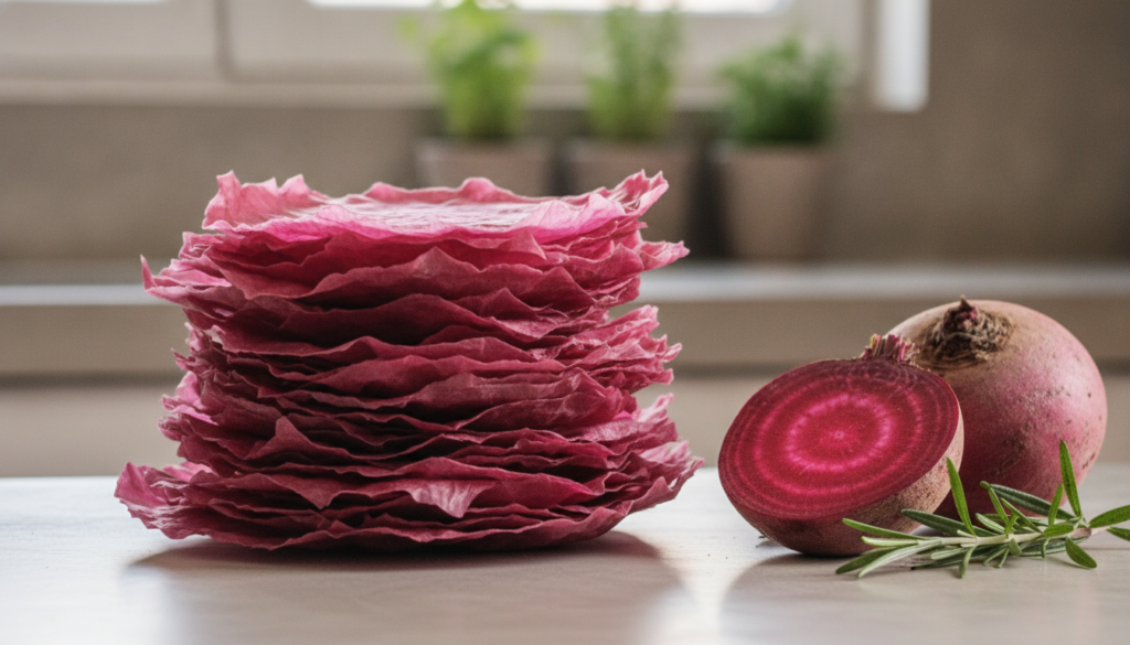 A stack of beautiful reddish-purple beetroot wrappers on a light surface with a sliced beetroot and herbs