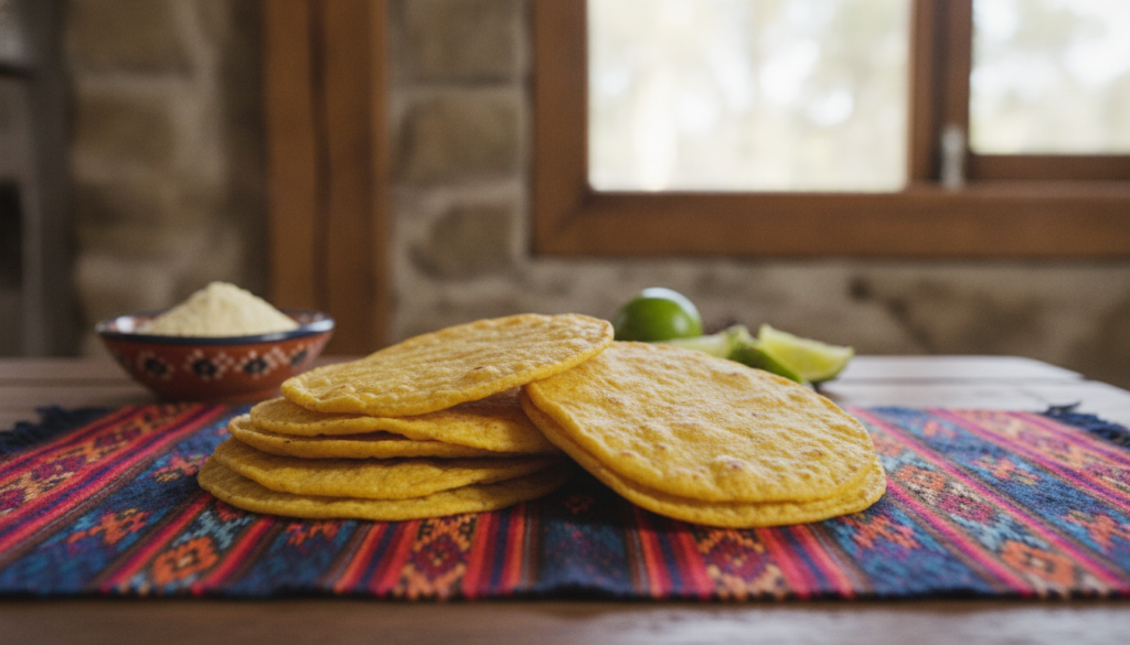 A pile of traditional yellow corn tortillas on a woven mat with a bowl of masa harina