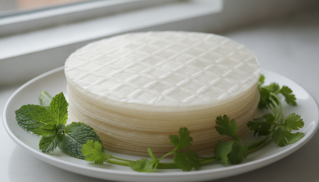 Delicate translucent homemade rice paper wrappers stacked neatly with fresh mint and cilantro leaves nearby