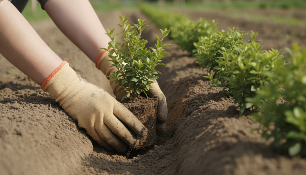 A close-up of a gardener planting a young shrub in a prepared trench with other newly planted shrubs forming a hedge lin