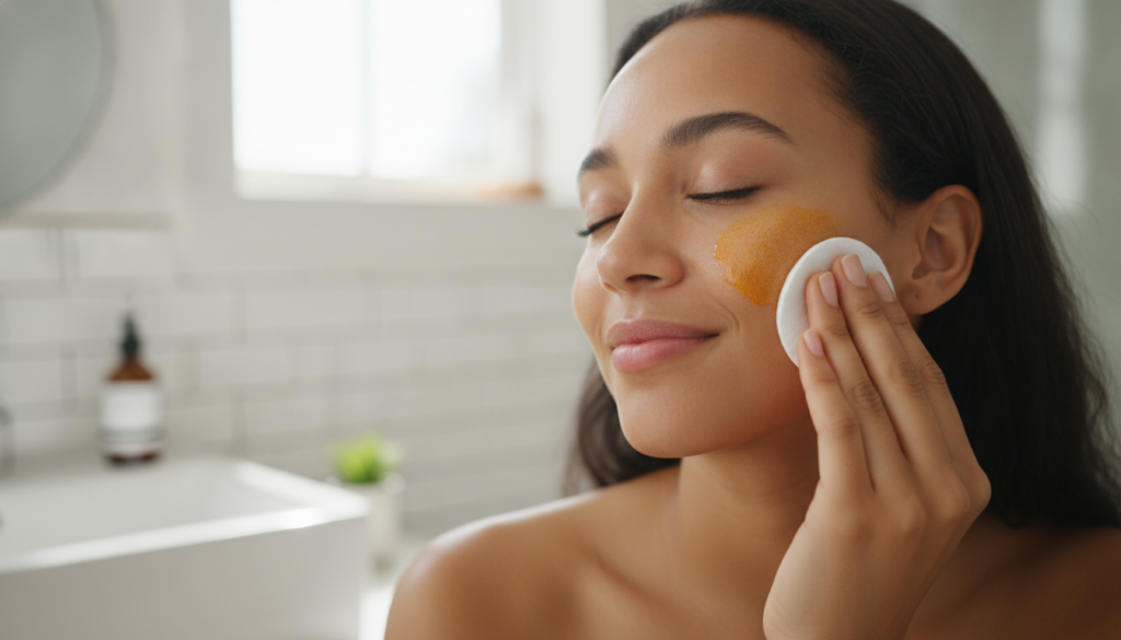A person gently applying homemade carrot toner to their face with a cotton pad in a bright bathroom setting