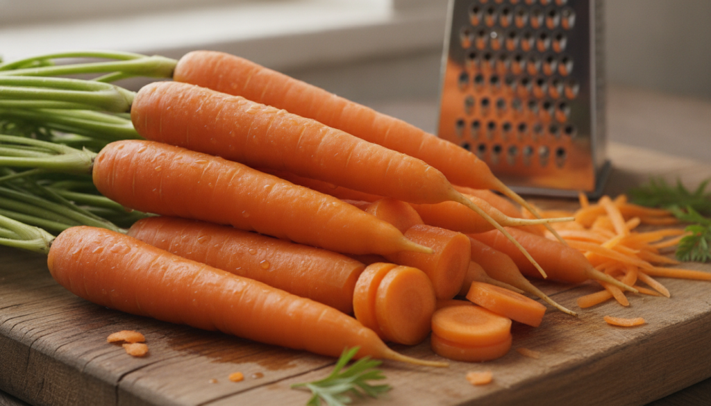 Fresh vibrant carrots on a rustic wooden cutting board ready to be grated for a homemade toner
