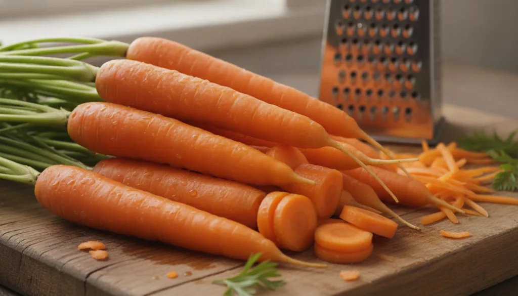Fresh vibrant carrots on a rustic wooden cutting board ready to be grated for a homemade toner
