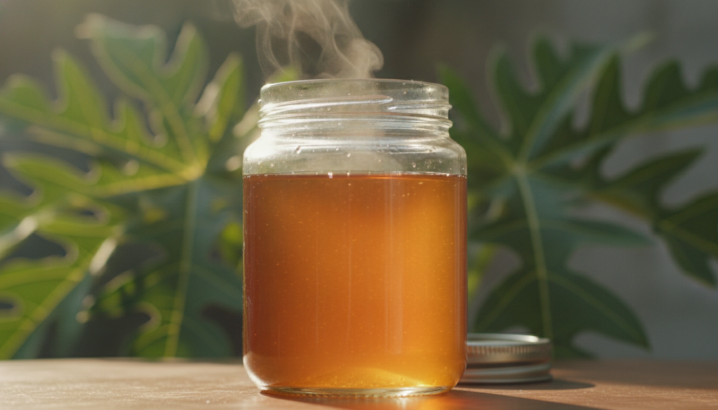 A glass jar filled with a warm amber-colored liquid representing the finished papaya root and leaf decoction with a few