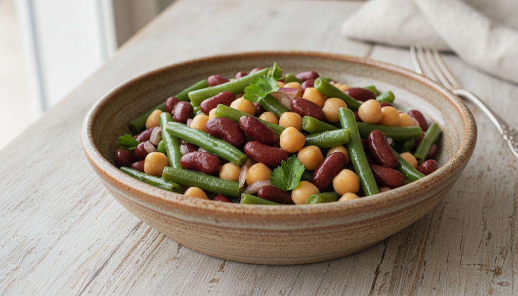 A colorful three-bean salad with green beans kidney beans and garbanzo beans mixed with red onion and parsley in a light
