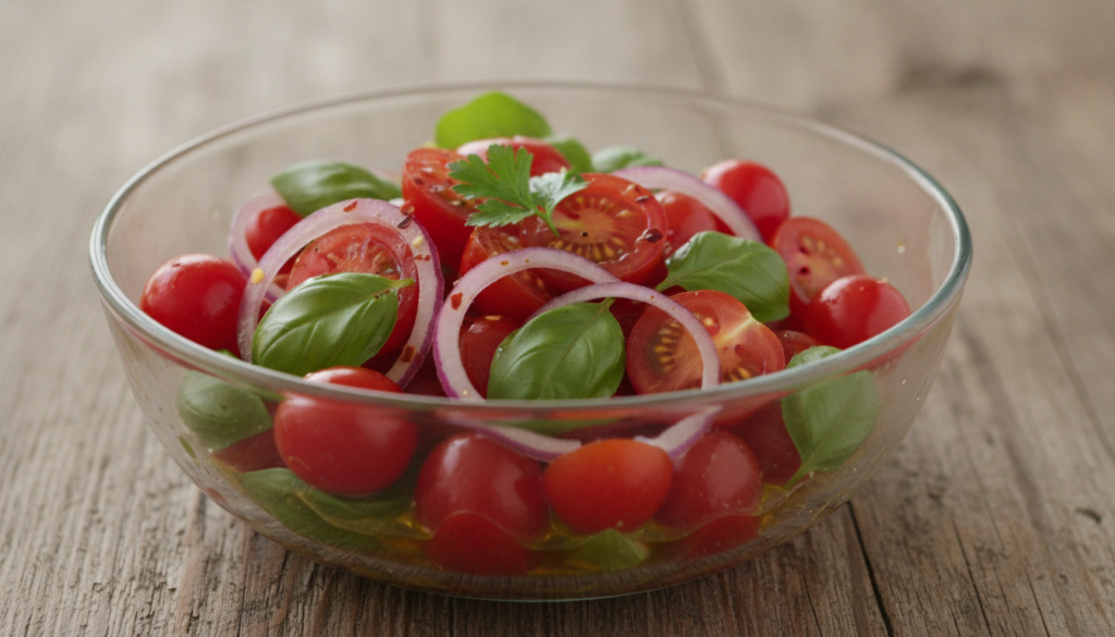 A bowl of Marinated Tomato Salad with halved cherry tomatoes chopped red onion minced garlic and fresh basil glistening 