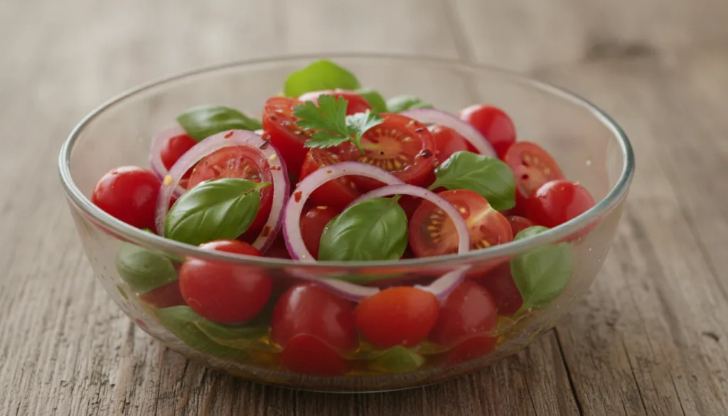 A bowl of Marinated Tomato Salad with halved cherry tomatoes chopped red onion minced garlic and fresh basil glistening 