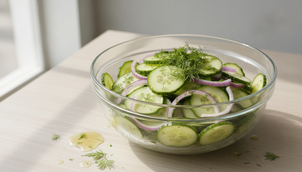 A bowl of sliced cucumber and red onion salad in a clear sweet-tangy dressing garnished with fresh dill