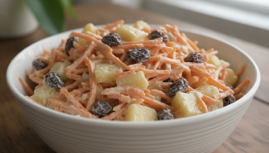 A creamy carrot raisin salad with grated carrots plump raisins and crushed pineapple in a bowl with a rich mayonnaise dr