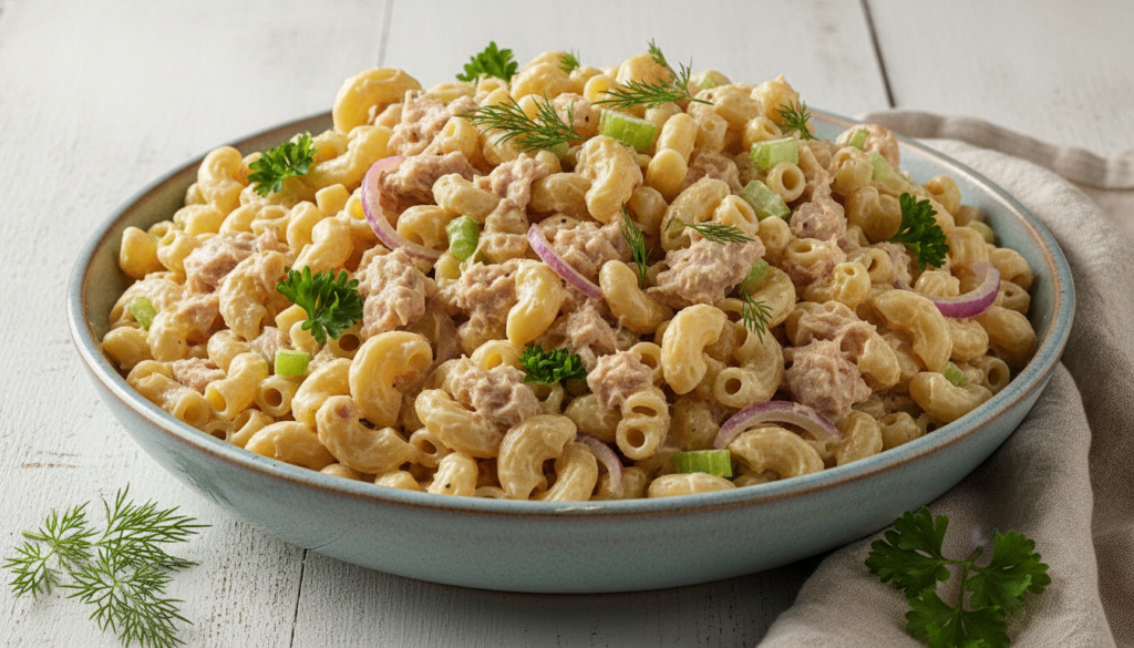 A generous bowl of creamy macaroni tuna salad with elbow macaroni flaked tuna chopped celery and onion in a rich mayonna