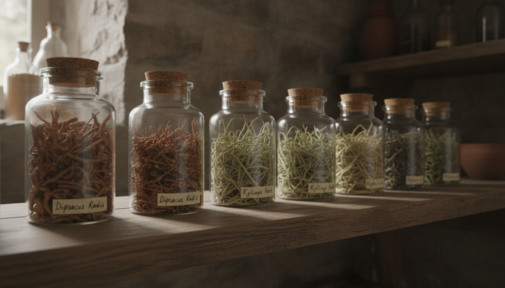 A row of glass jars filled with dried Dipsacus root and Kyllinga labeled clearly stored on a wooden shelf in a cool dark