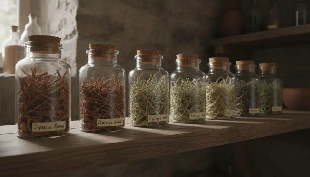 A row of glass jars filled with dried Dipsacus root and Kyllinga labeled clearly stored on a wooden shelf in a cool dark