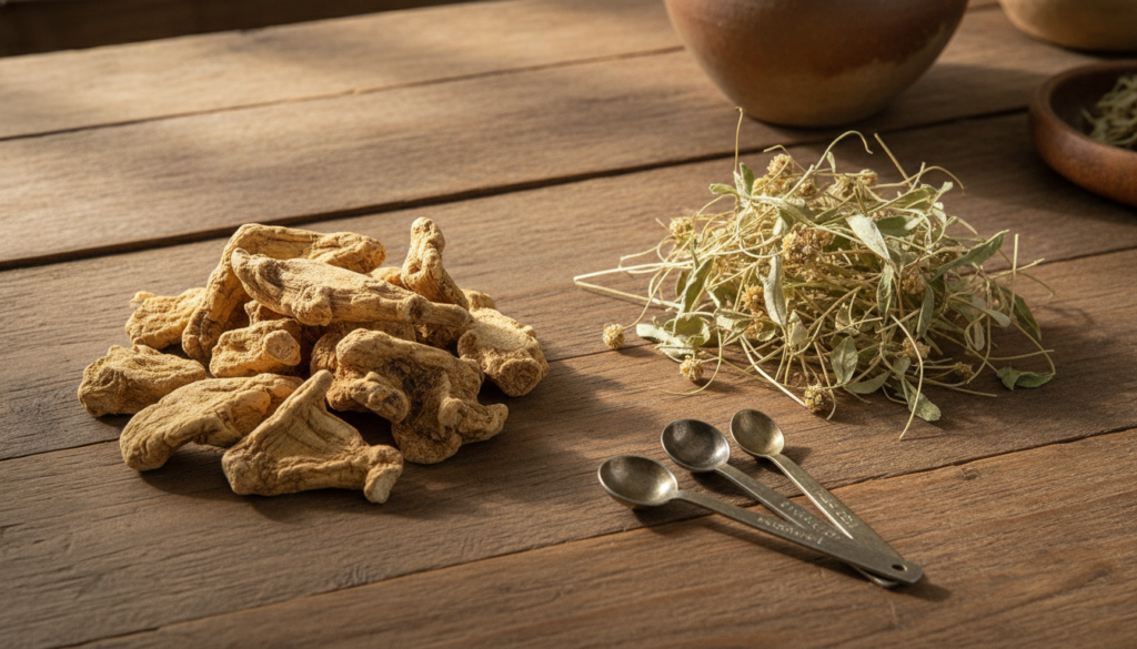Dried Dipsacus root pieces and dried Kyllinga plant material laid out on a wooden surface next to measuring spoons