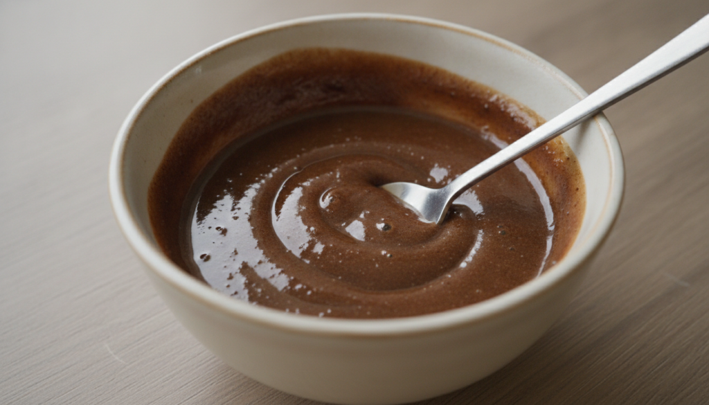 Close-up of a small bowl containing a smooth brown coffee and oil paste with a mixing spoon