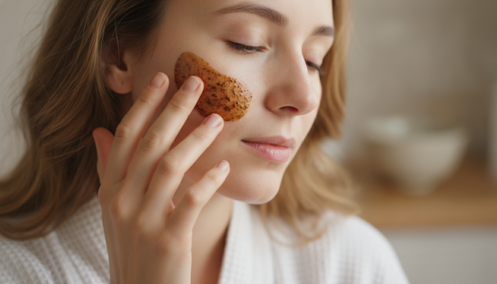 A woman gently applying a coffee and oil mask to her clean face with her fingertips