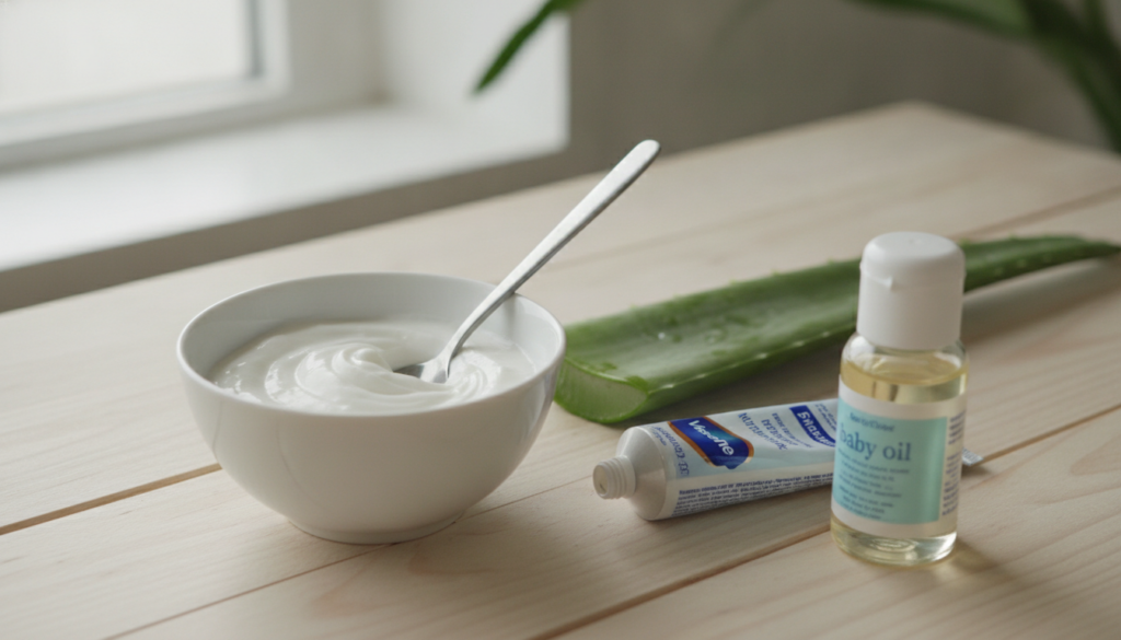 A close-up shot of a small bowl containing a creamy white DIY mask mixture made from Vaseline fresh aloe vera gel and a 