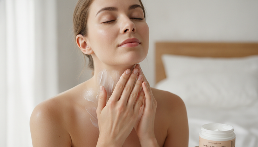 A woman gently massaging the Natural Botox Milk onto her neck with an upward motion her eyes closed in a serene expressi