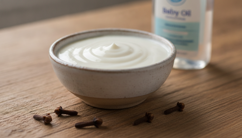 A close-up shot of a small bowl containing the Natural Botox Milk mixture with a few cloves and a bottle of baby oil gen