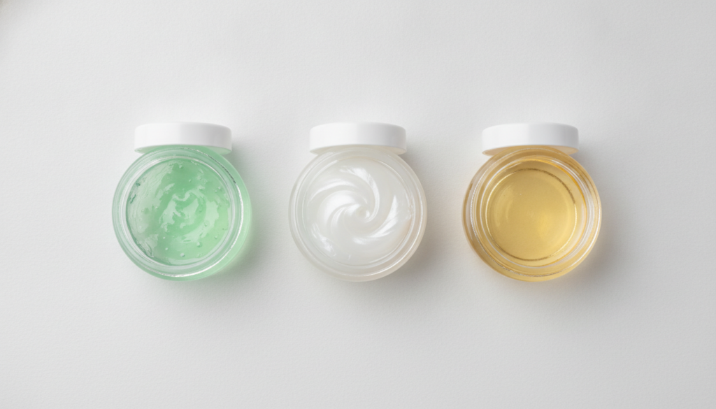 Three small containers of aloe vera gel petroleum jelly Vaseline and baby oil arranged neatly on a smooth light-colored 