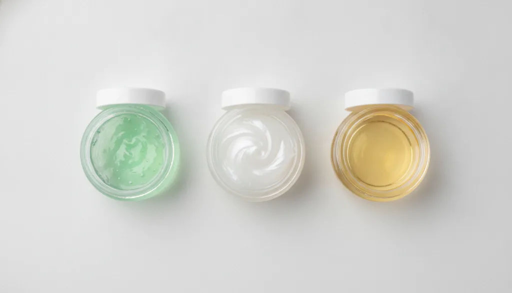 Three small containers of aloe vera gel petroleum jelly Vaseline and baby oil arranged neatly on a smooth light-colored 