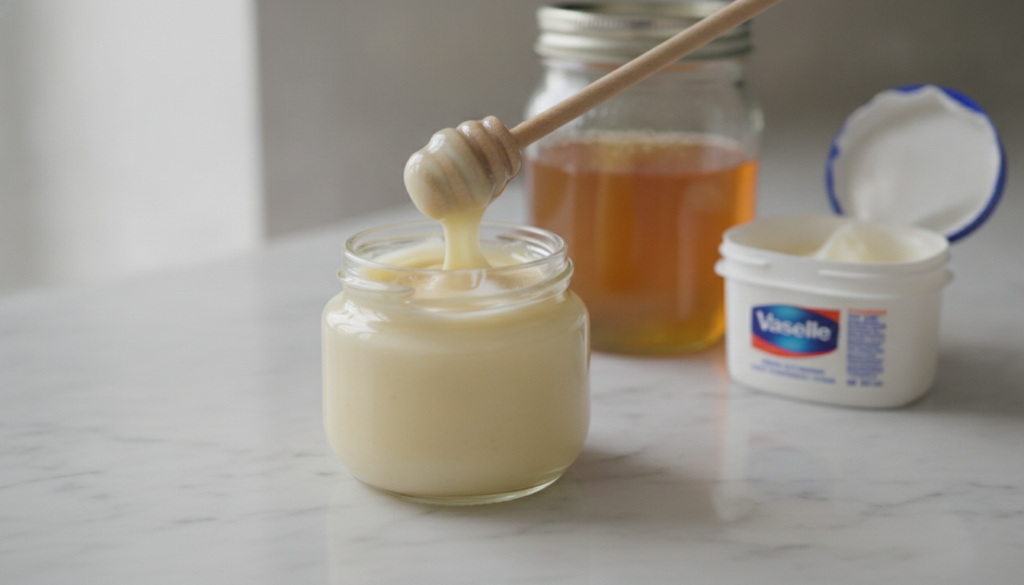 A close-up of a small glass jar containing a mixture of honey and Vaseline with a spoon stirring it gently The ingredien
