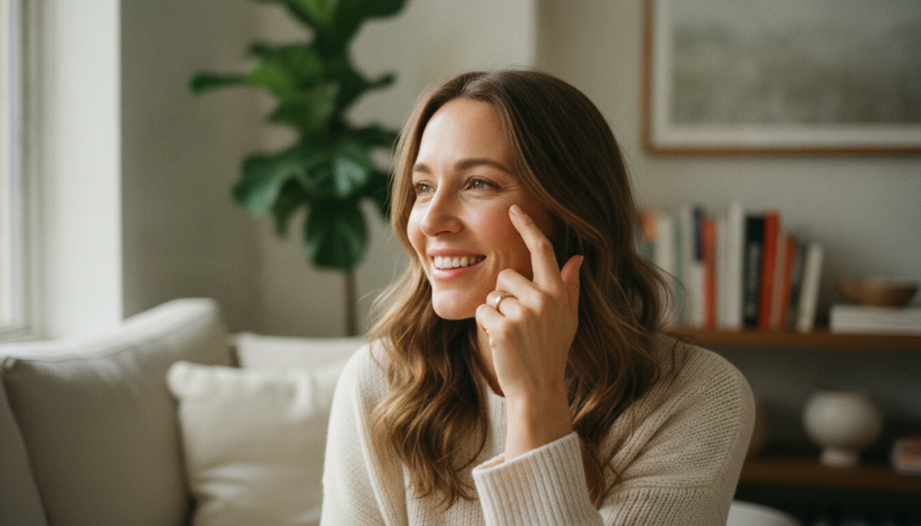 A woman with bright refreshed eyes looking happy and confident perhaps gently touching under her eye area