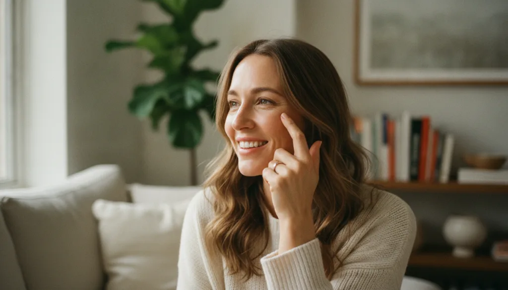A woman with bright refreshed eyes looking happy and confident perhaps gently touching under her eye area