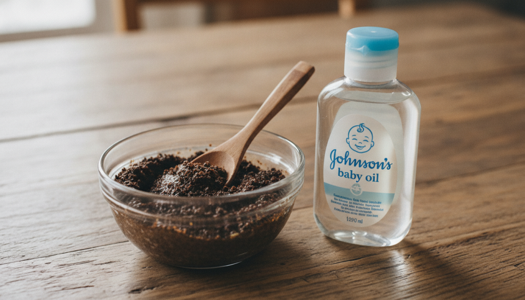 A close-up shot of a small bowl containing coffee grounds mixed with baby oil alongside a bottle of baby oil and a spoon