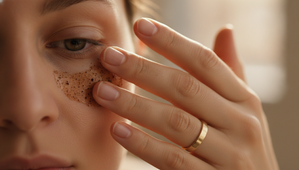 A person gently applying the coffee and baby oil mixture to their under-eye area with their ring finger in a close-up sh