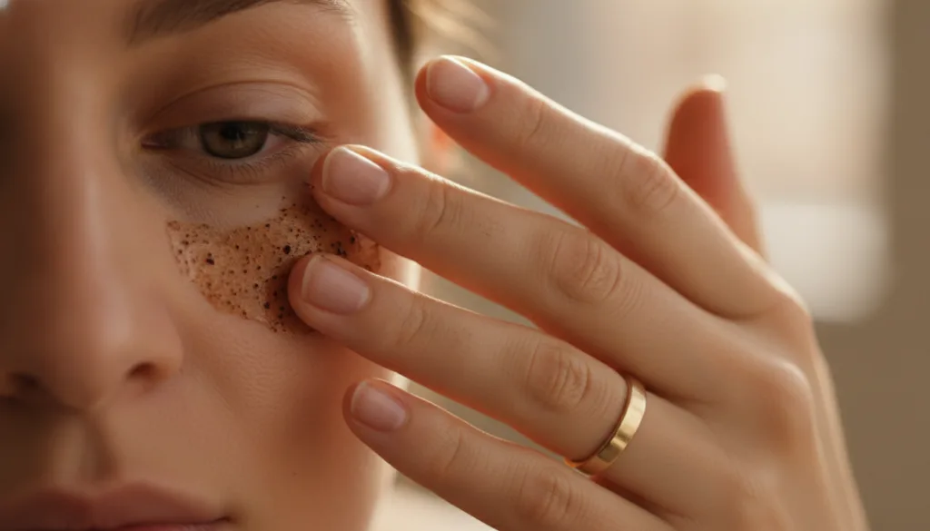 A person gently applying the coffee and baby oil mixture to their under-eye area with their ring finger in a close-up sh