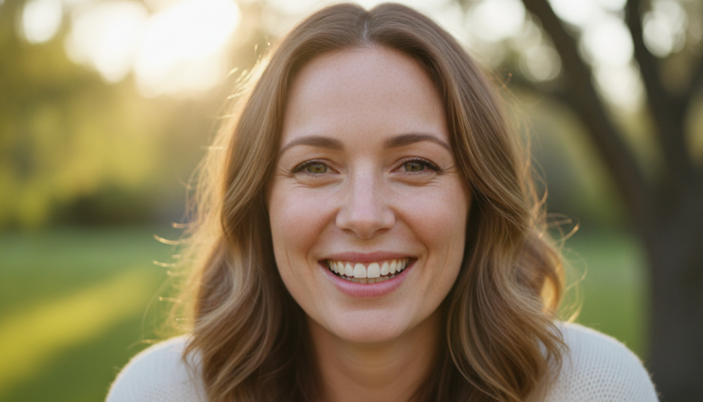 A woman smiling brightly with clear glowing under-eyes looking refreshed and happy after using a natural beauty treatmen