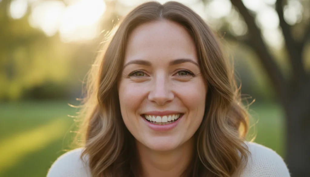 A woman smiling brightly with clear glowing under-eyes looking refreshed and happy after using a natural beauty treatmen