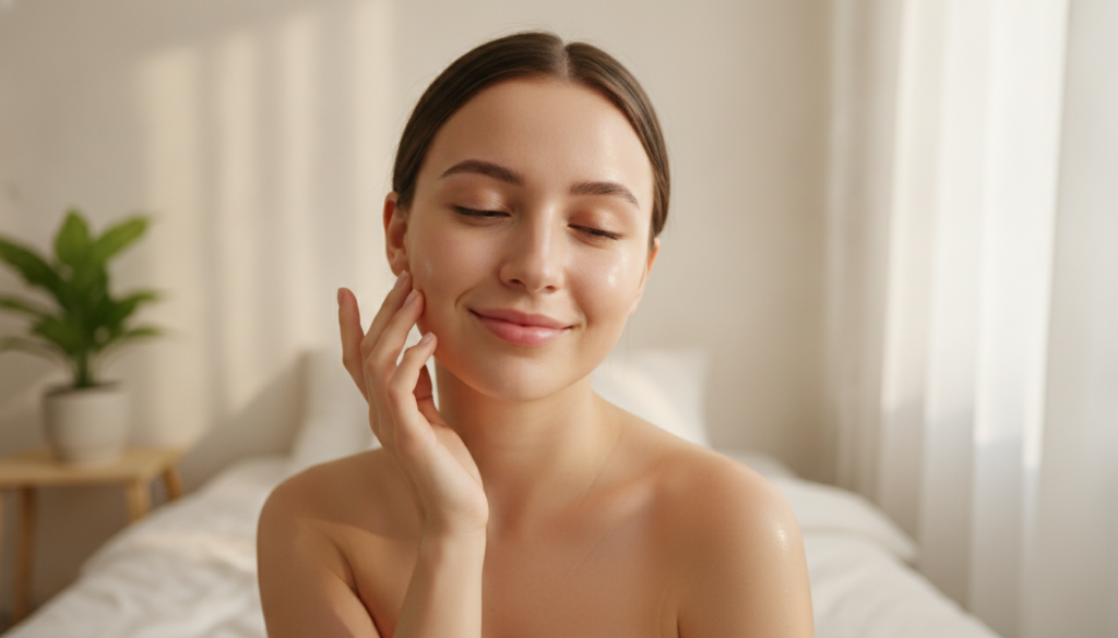 A woman with radiant dewy glass skin gently touching her cheek smiling softly in a well-lit natural setting