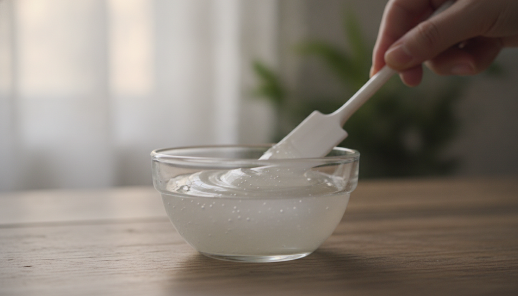 Close-up shot of a small glass bowl containing the freshly made DIY glass skin glaze with a spatula mixing it against a 