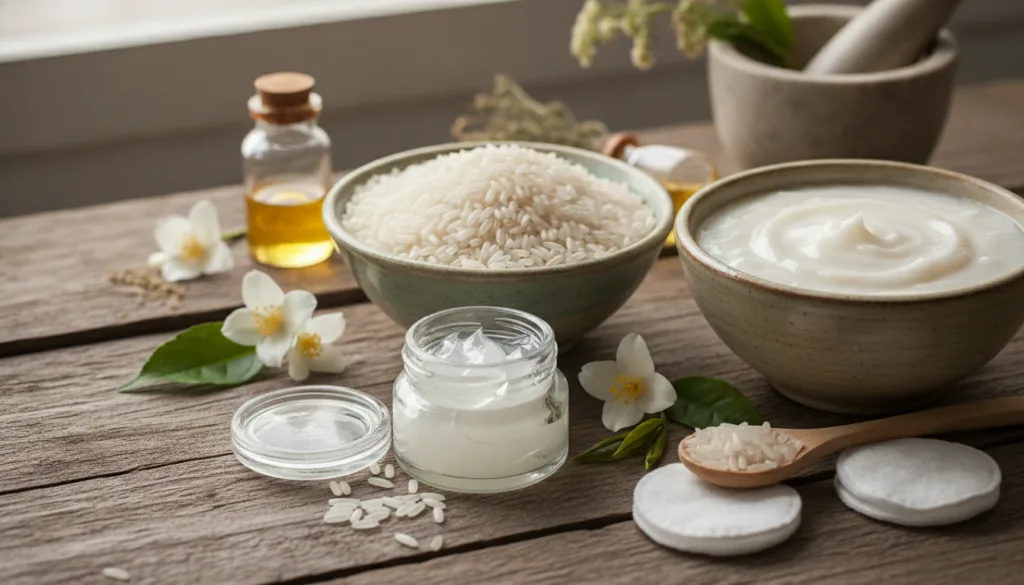 Various natural skincare ingredients like rice a small jar of Vaseline and a bowl of the rice paste on a rustic wooden t