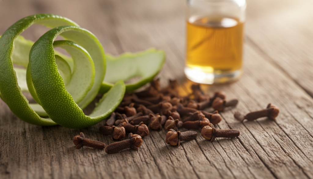 A close-up shot of fresh lime peels and dried cloves on a rustic wooden surface with a small glass bottle of amber-color