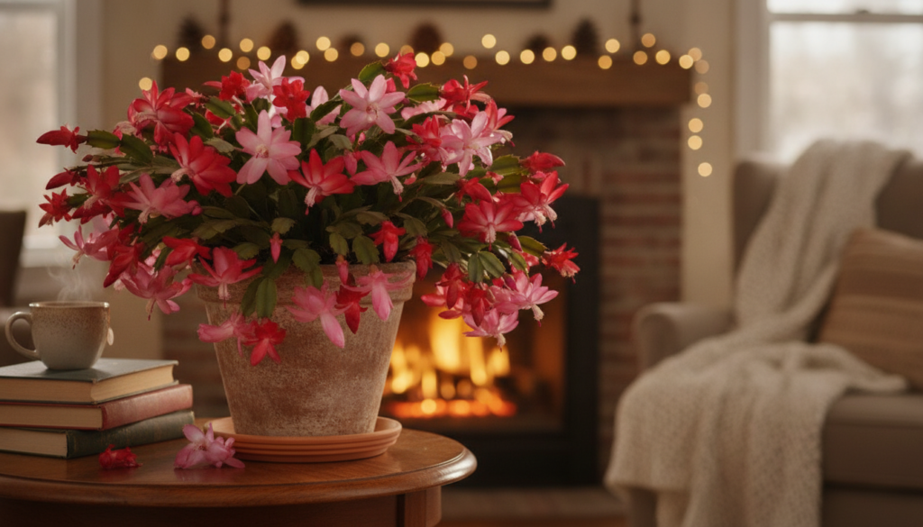 A vibrant healthy Christmas cactus in full bloom with red and pink flowers cascading over the pot set in a cozy home env