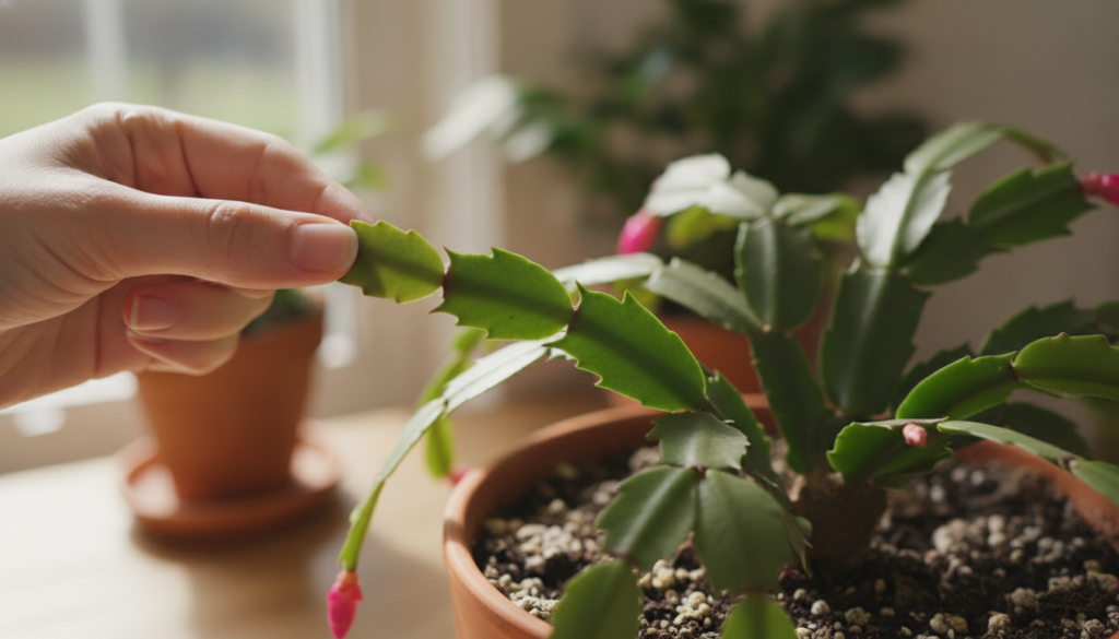 Close-up of a hand gently pinching off a stem segment from a Christmas cactus illustrating the proper cutting technique