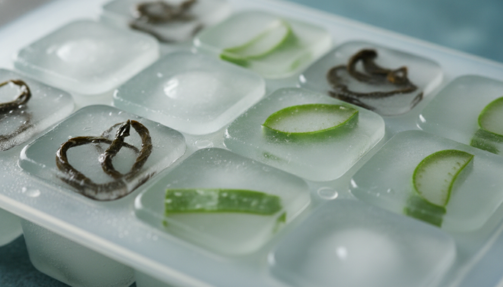 A close-up shot of several Ice Botox Cubes in an ice tray or small bowl perhaps with a few natural ingredients like gree
