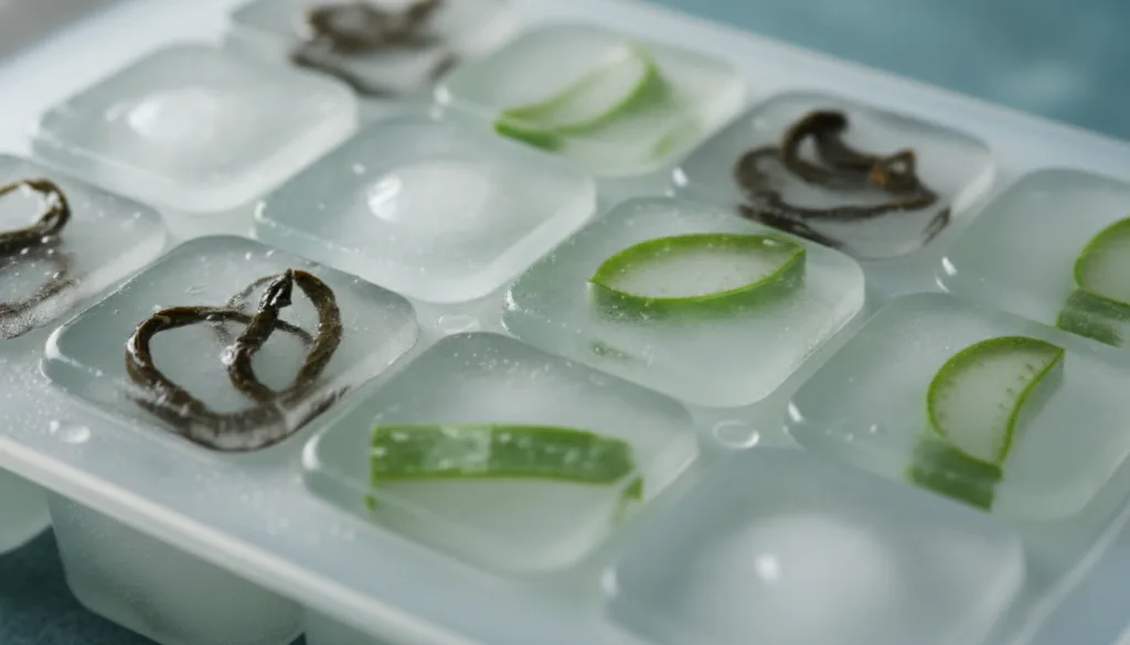 A close-up shot of several Ice Botox Cubes in an ice tray or small bowl perhaps with a few natural ingredients like gree