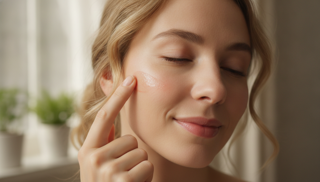 A woman lightly dabbing a natural rosy glow balm onto her cheekbone with her fingertip Her skin looks fresh and dewy and